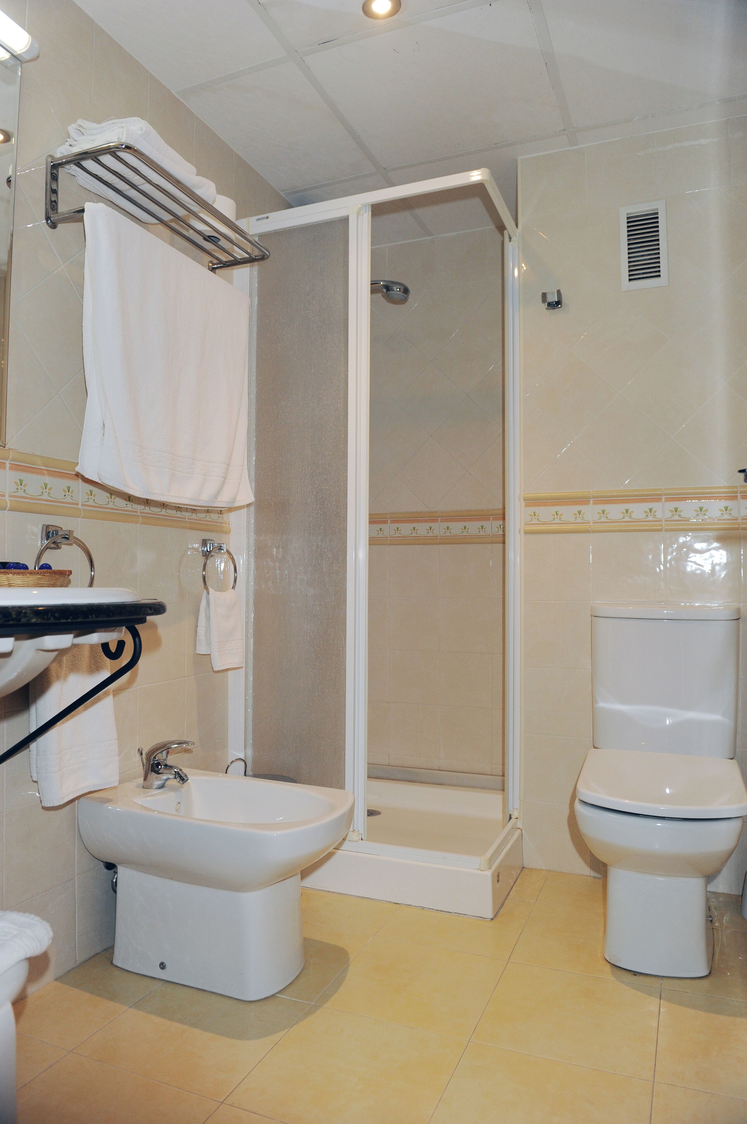 A bathroom with a shower, bidet, toilet, and sink.