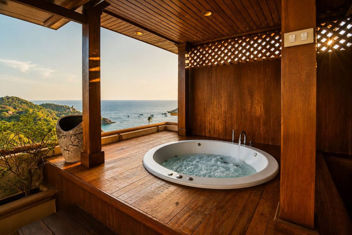 Eine Holzterrasse mit Whirlpool, Holzwänden und Blick aufs Meer.