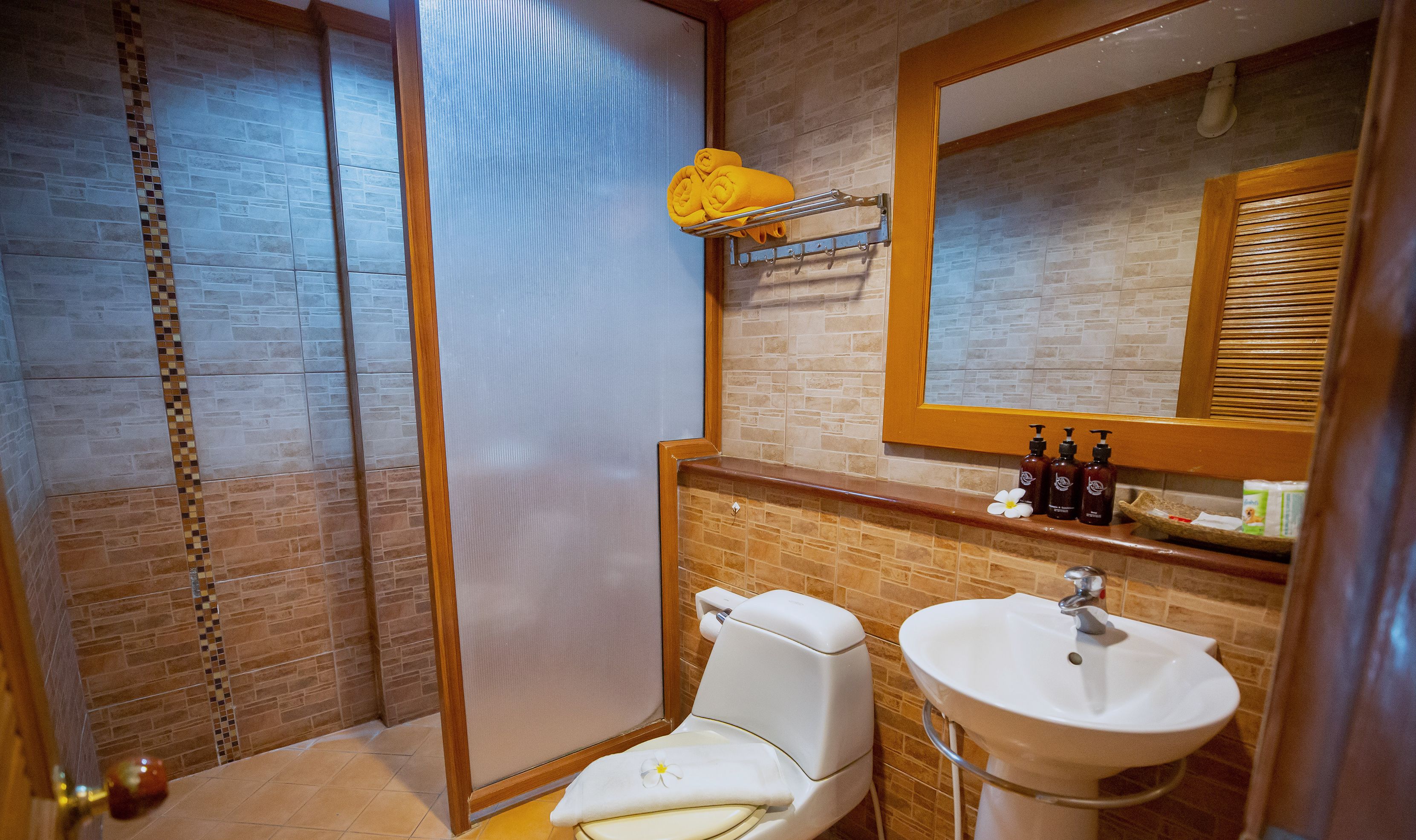 deluxe sea view | bathroom | shower, rainfall showerhead, free toiletries, hair dryer