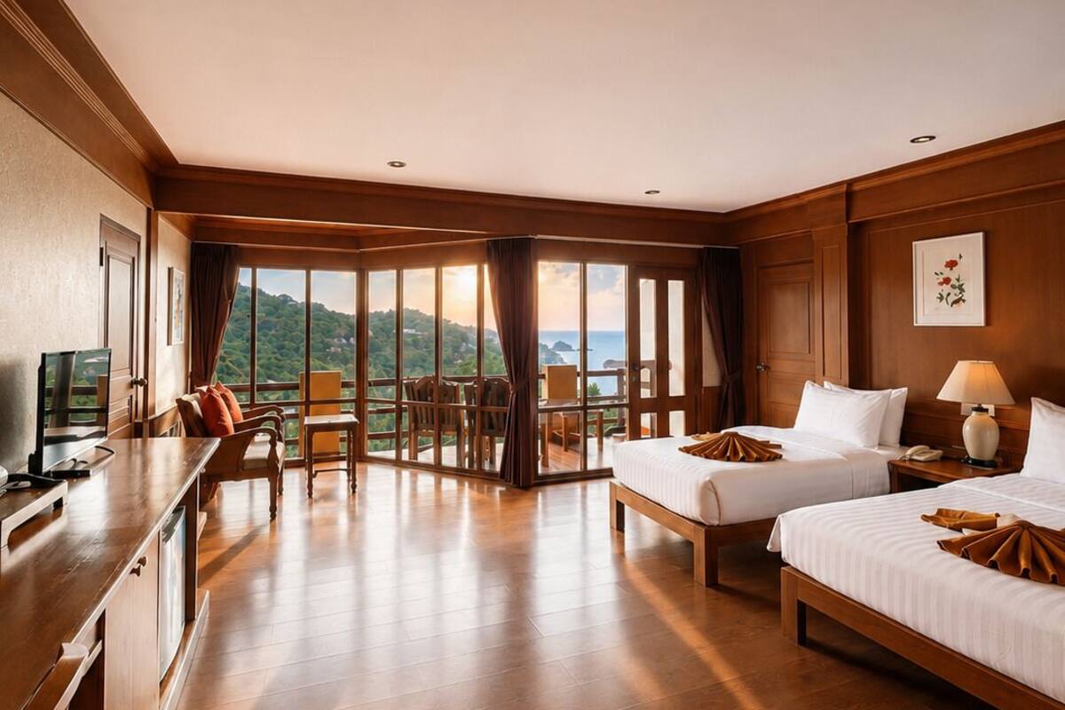 Ein Hotelzimmer mit großem Fenster, zwei Betten, einem Schreibtisch und einem Sessel.