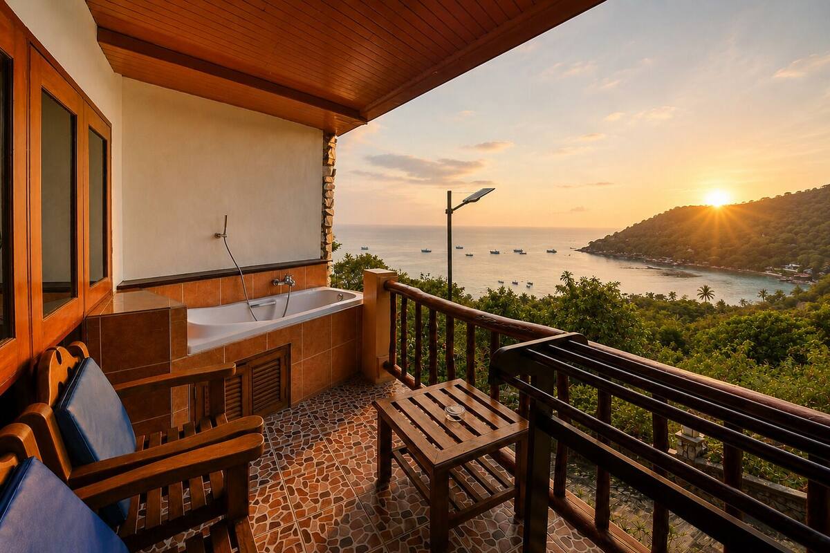 Ein Balkon mit Steinmauer, einer hölzernen Bank, einem kleinen Tisch und Blick auf das Meer bei Sonnenuntergang.