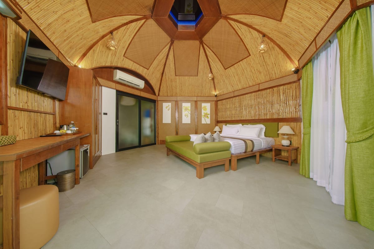 A room with a bed, a sofa, a desk, and a shower area.