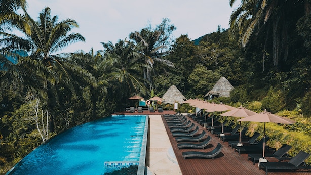 A swimming pool with lounge chairs and umbrellas, surrounded by lush greenery and a wooden deck. - Aonang Fiore Resort (Krabi)