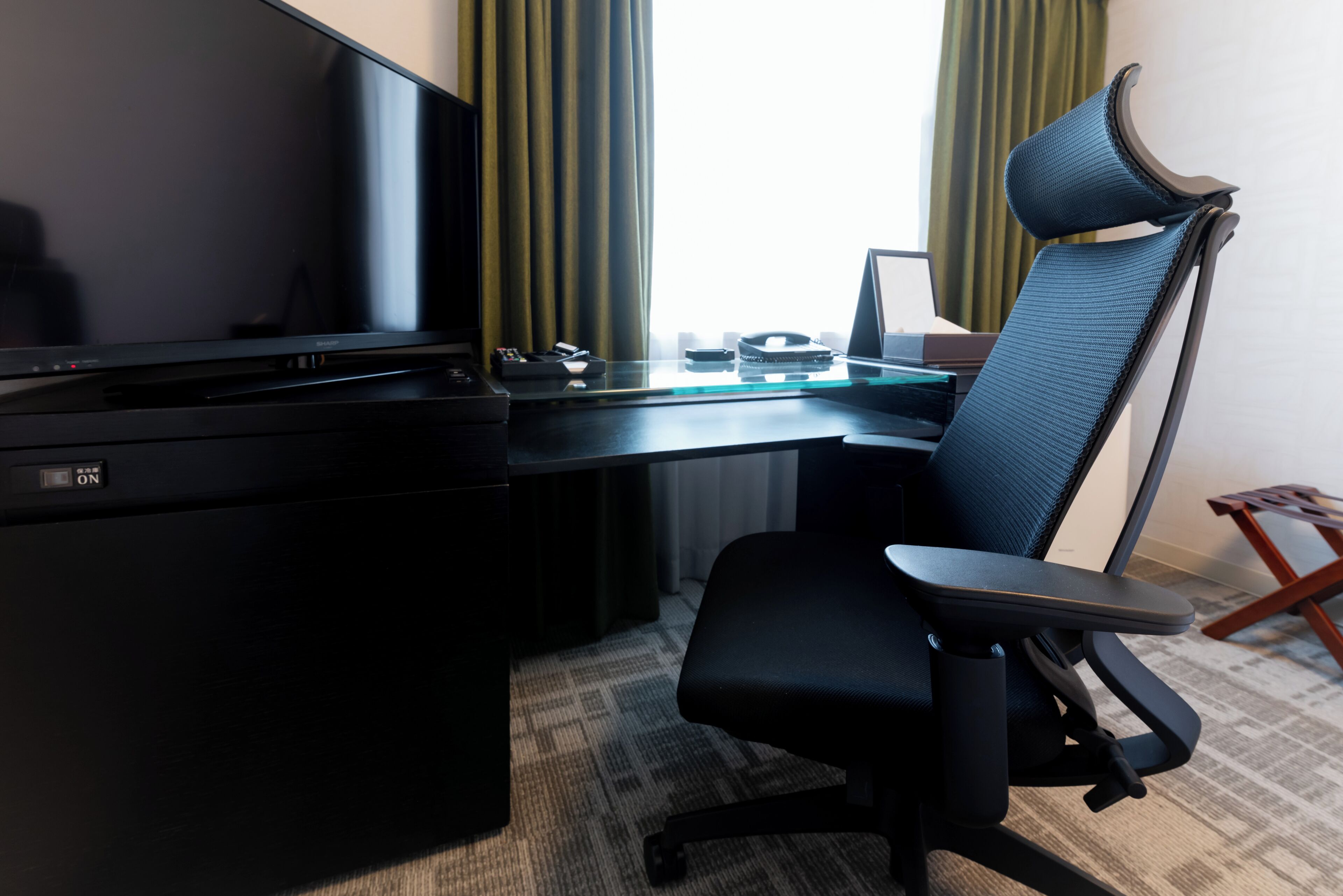 desk, blackout curtains, soundproofing, iron/ironing board