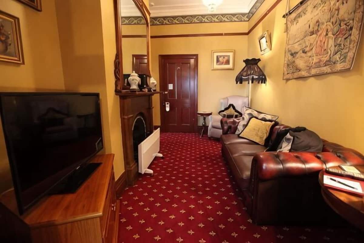 A living room with a television, a fireplace, a red carpet, a leather sofa, and a door leading to another room.