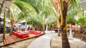 A tropical indoor garden with a pathway, red seating, and palm trees. - Boracay Backpackers (Boracay Island)