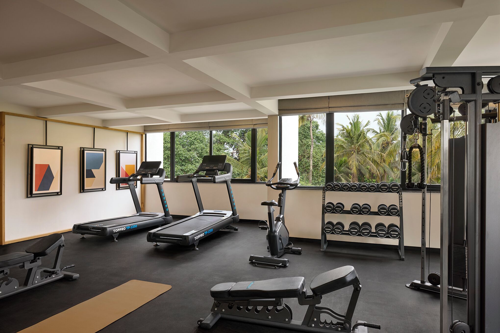 Un gimnasio con cintas de correr, elípticas, prensa de banca y mancuernas.