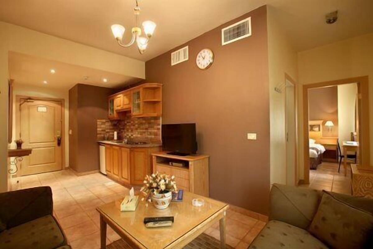 A living room with a sofa, a coffee table, a TV, and a kitchen area with cabinets and a microwave.