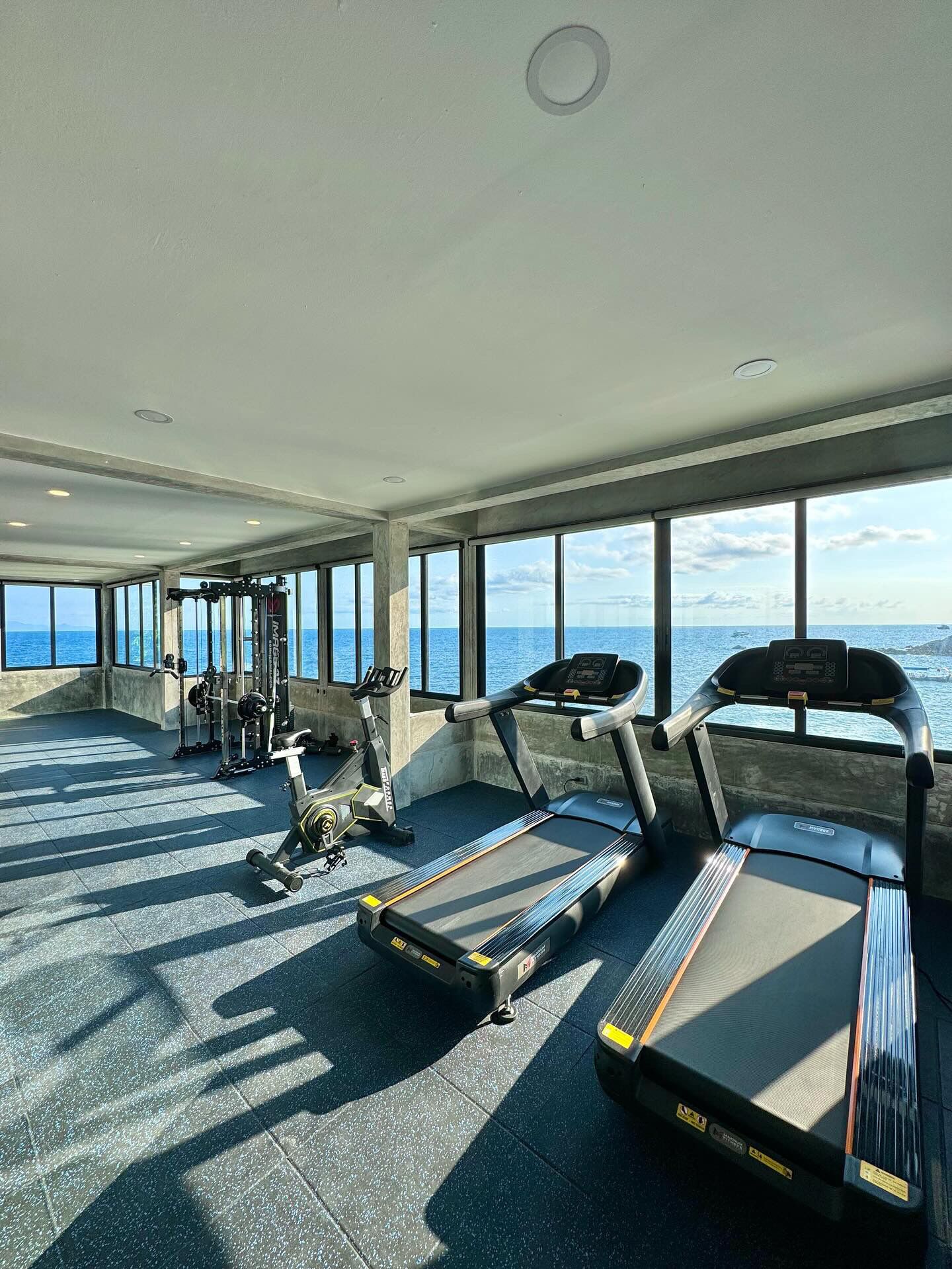 A gym with treadmills, a weight machine, and a rowing machine, with a view of the ocean through large windows.