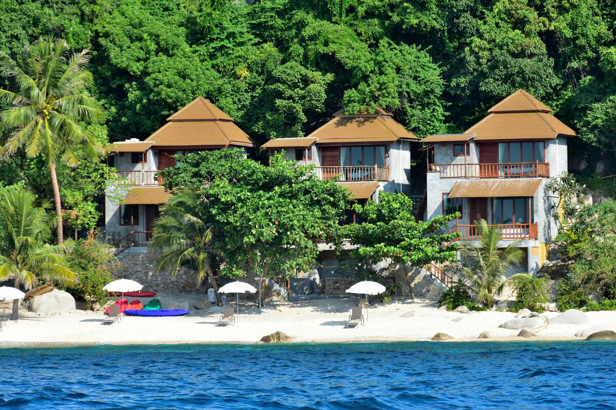 A beachfront property with multiple buildings, a sandy beach, and a palm tree.