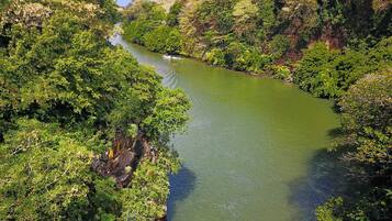 A river winding through a densely forested area with rocky outcrops.