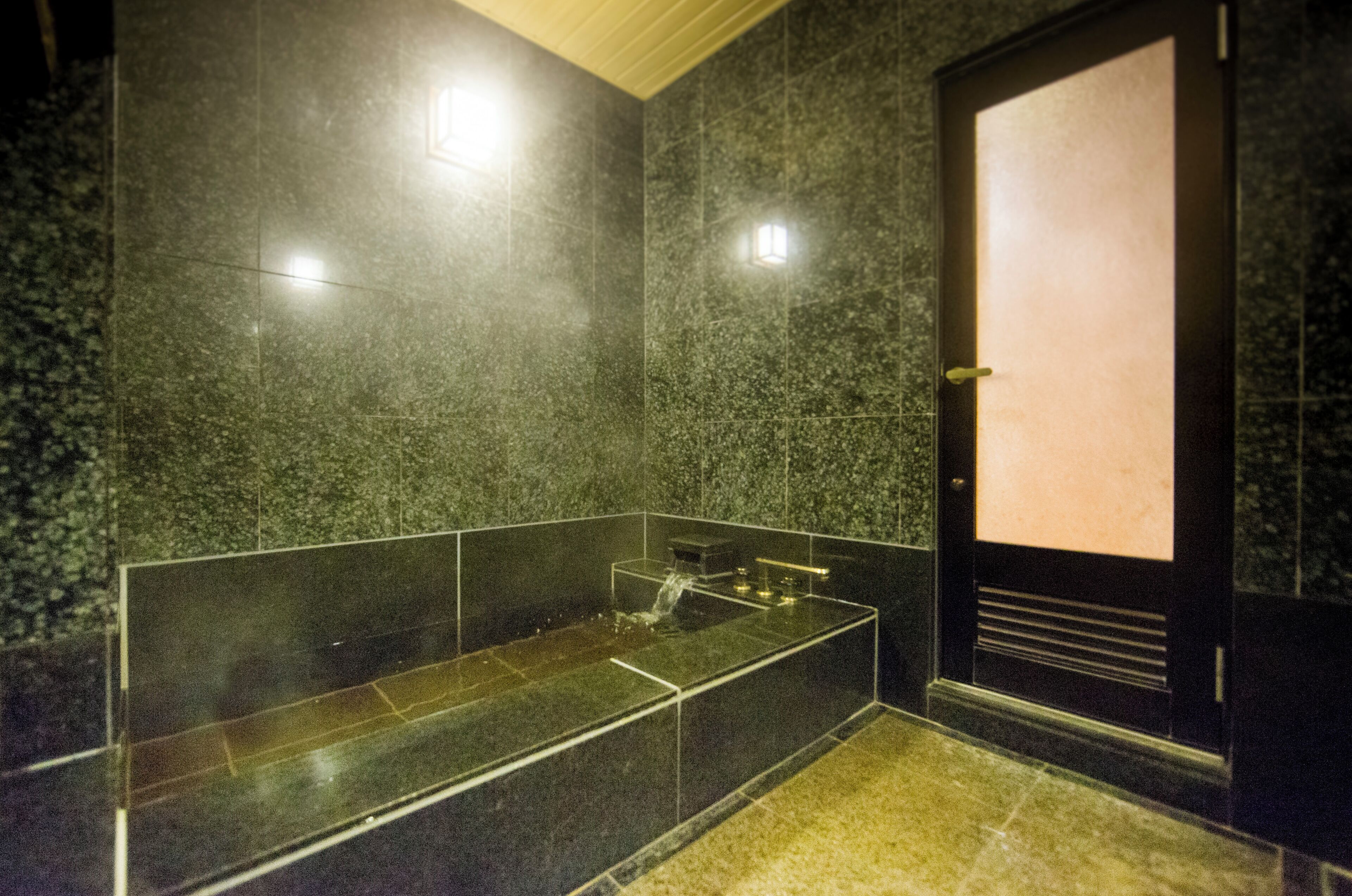 A modern bathroom with a glass-enclosed shower, dark marble walls, and a door with a light panel.