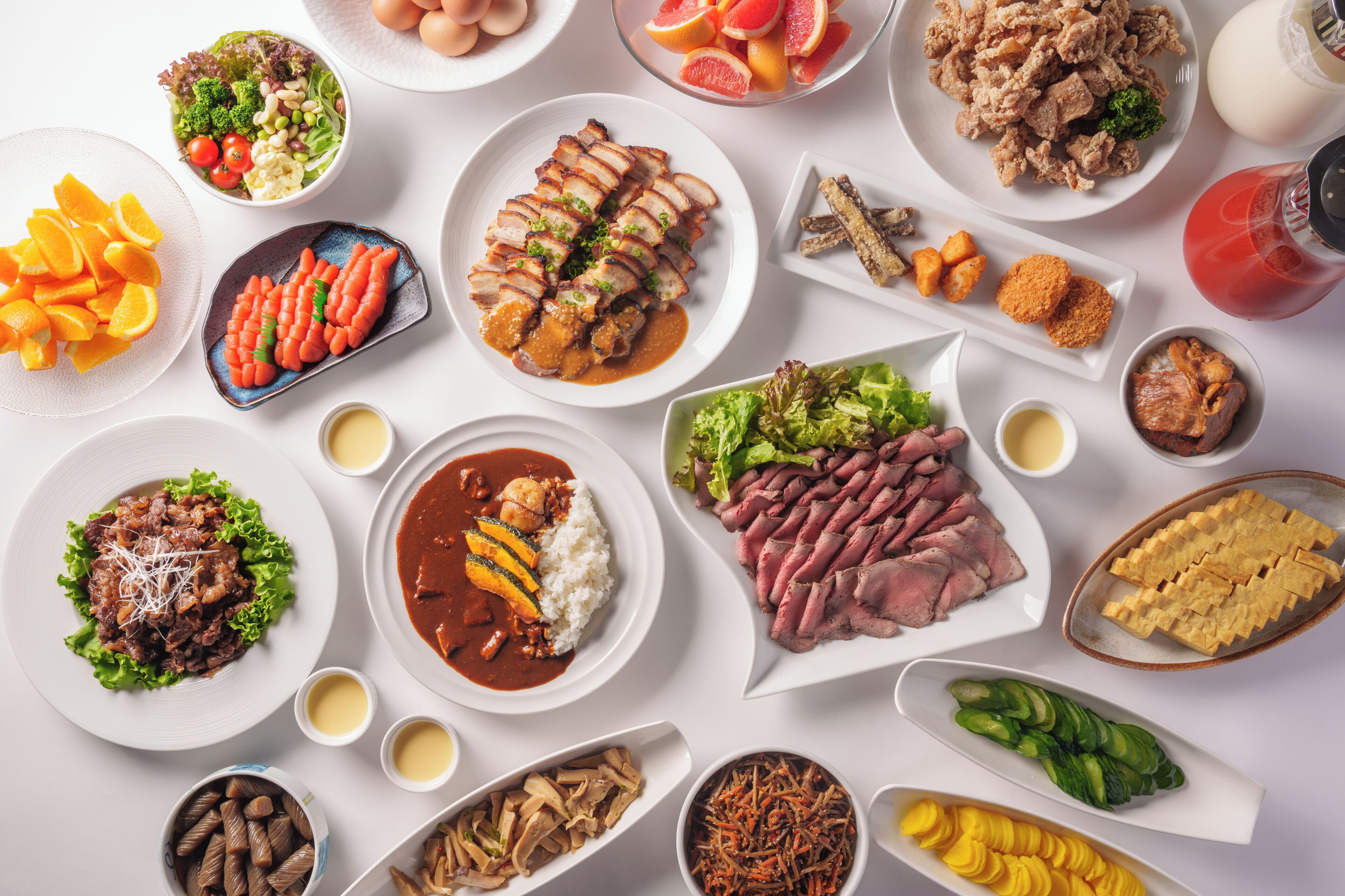 A variety of dishes on a table.