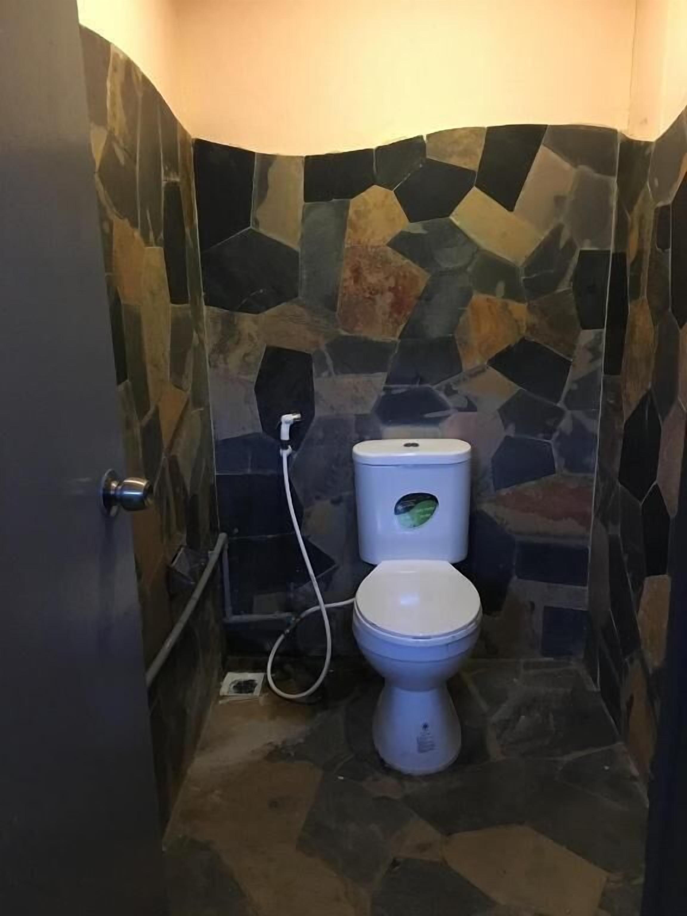 A bathroom with a stone wall, a toilet, and a shower area.
