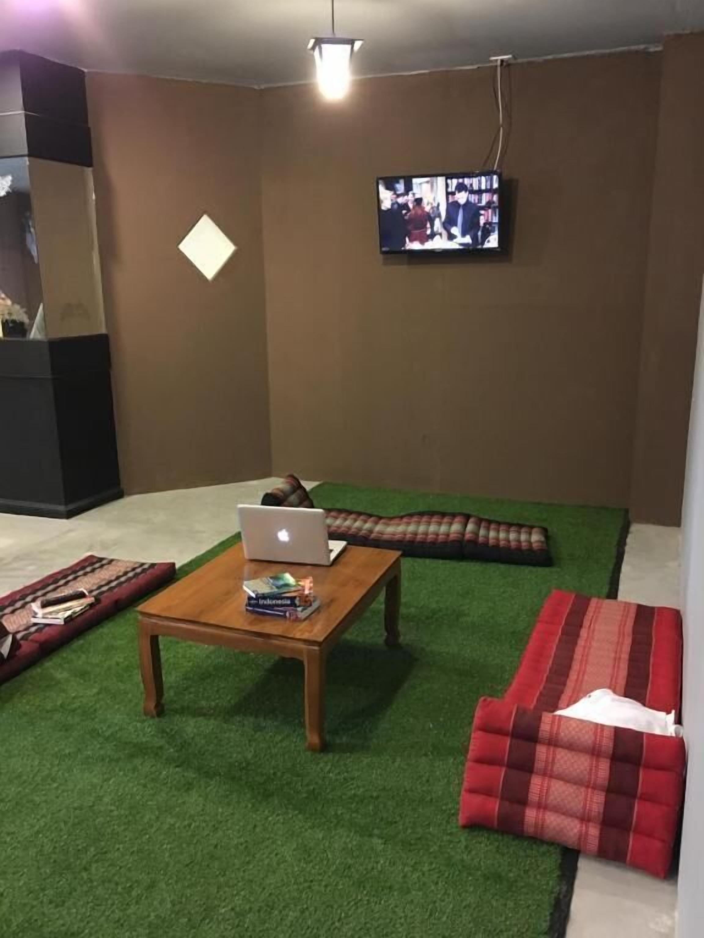 A room with a green artificial turf floor, a wooden coffee table with a laptop and books, a red and brown striped sofa, and a television mounted on the wall.