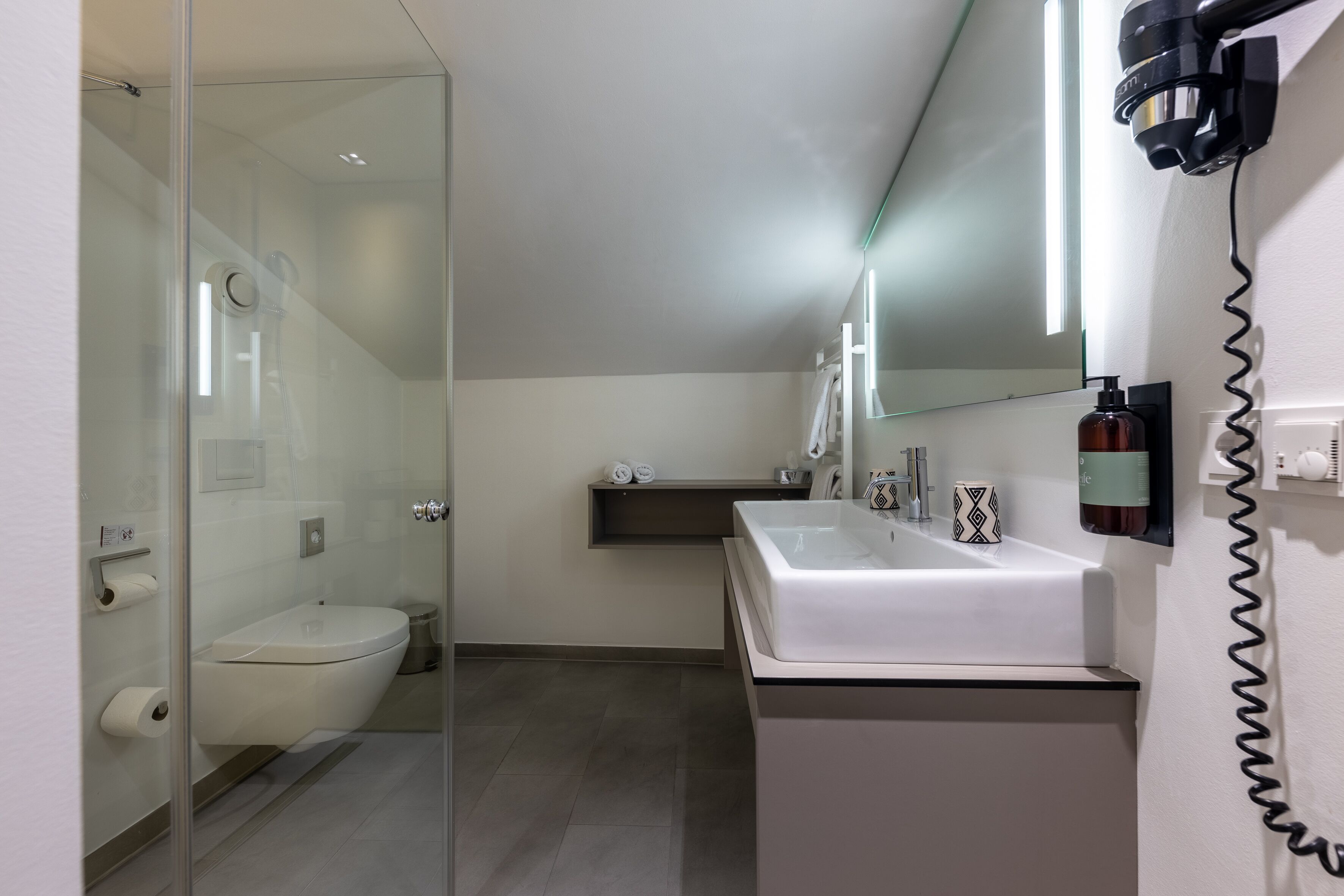 A modern bathroom with a glass shower enclosure, a white sink, and a mirror.