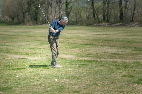 Una persona jugando golf en un campo bien cuidado, con árboles al fondo.