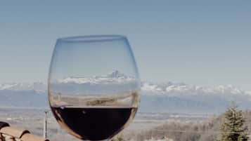 Uma mão segurando uma taça de vinho, com uma paisagem de montanhas ao fundo.