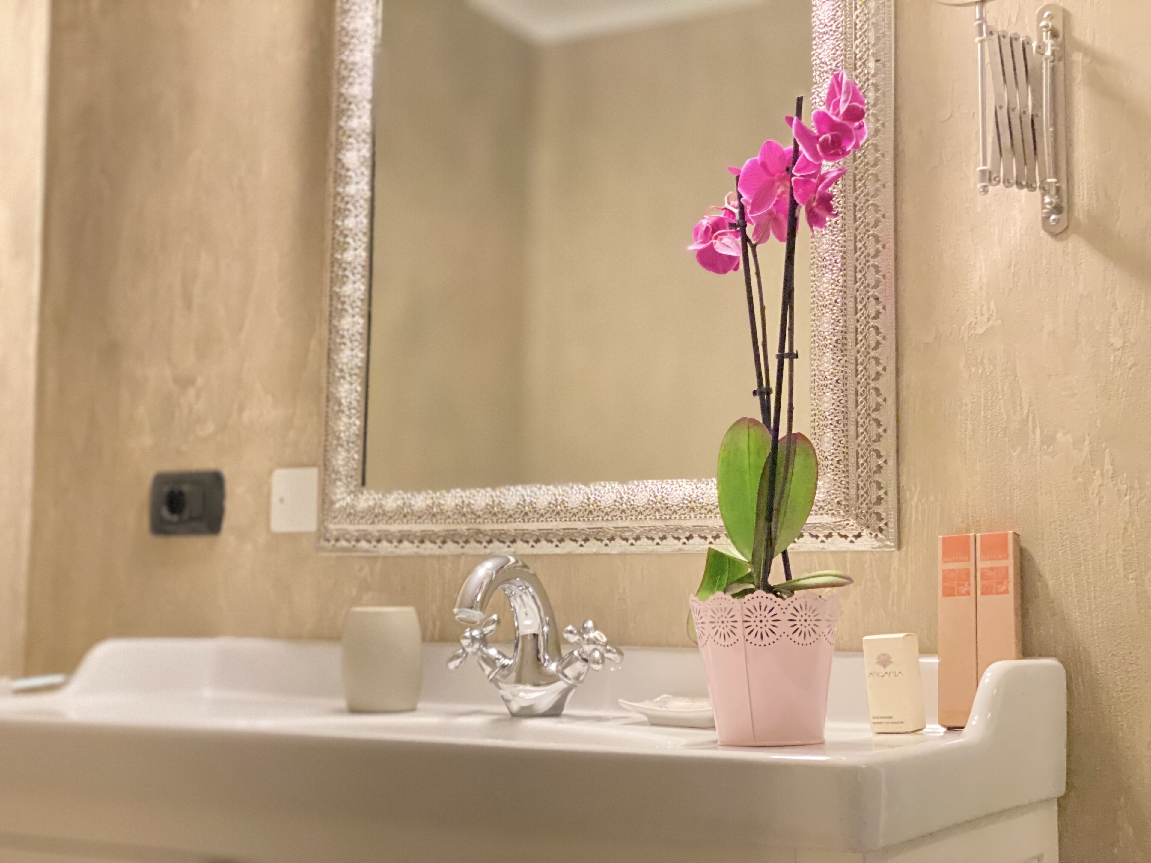 Ein Badezimmer mit Waschbecken, Spiegel und Dekoration, darunter eine rosa Orchidee in einem gemusterten Topf.