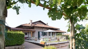 Une maison avec un patio, une allée en gravier et un jardin agrémenté d’une haie et d’un arbre.