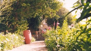 Un sentiero in pietra in un giardino con un vaso di terracotta e vegetazione rigogliosa.