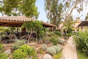 Un patio al aire libre con mesas y sillas, rodeado de plantas y árboles.