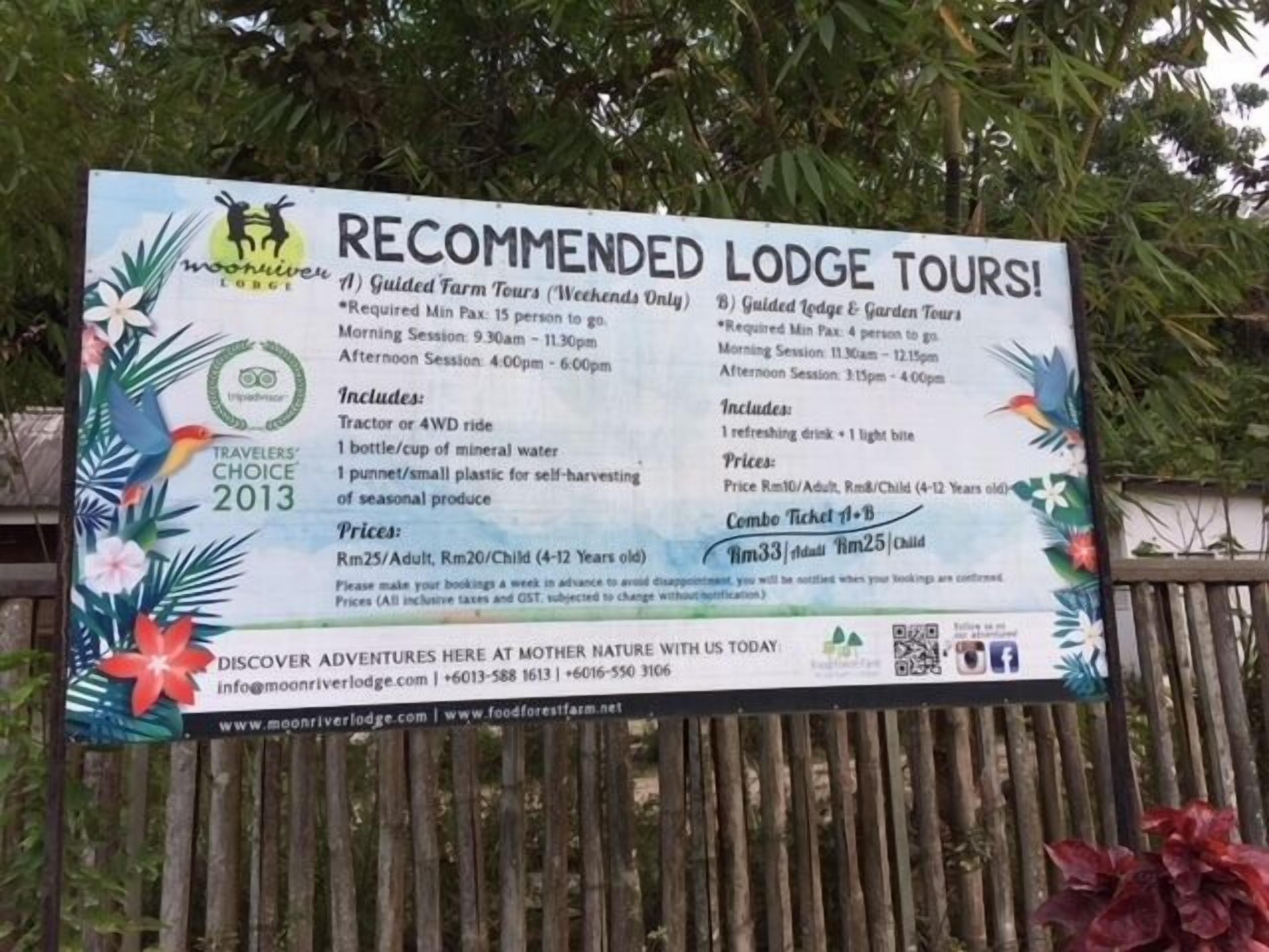 A sign for Moonriver Lodge tours, detailing guided tours, included items, and prices.