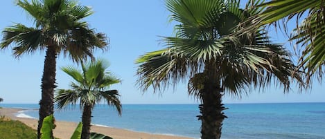 Aan het strand, wit zand, ligstoelen aan het strand, parasols