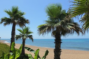 Plage, sable blanc, chaises longues, parasols