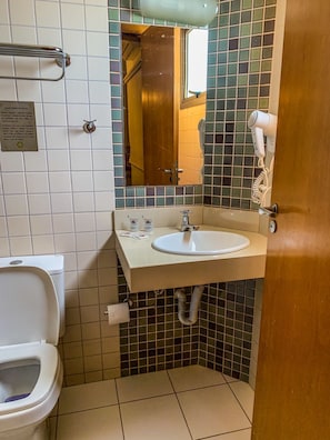 Un baño con inodoro, lavamanos y espejo.