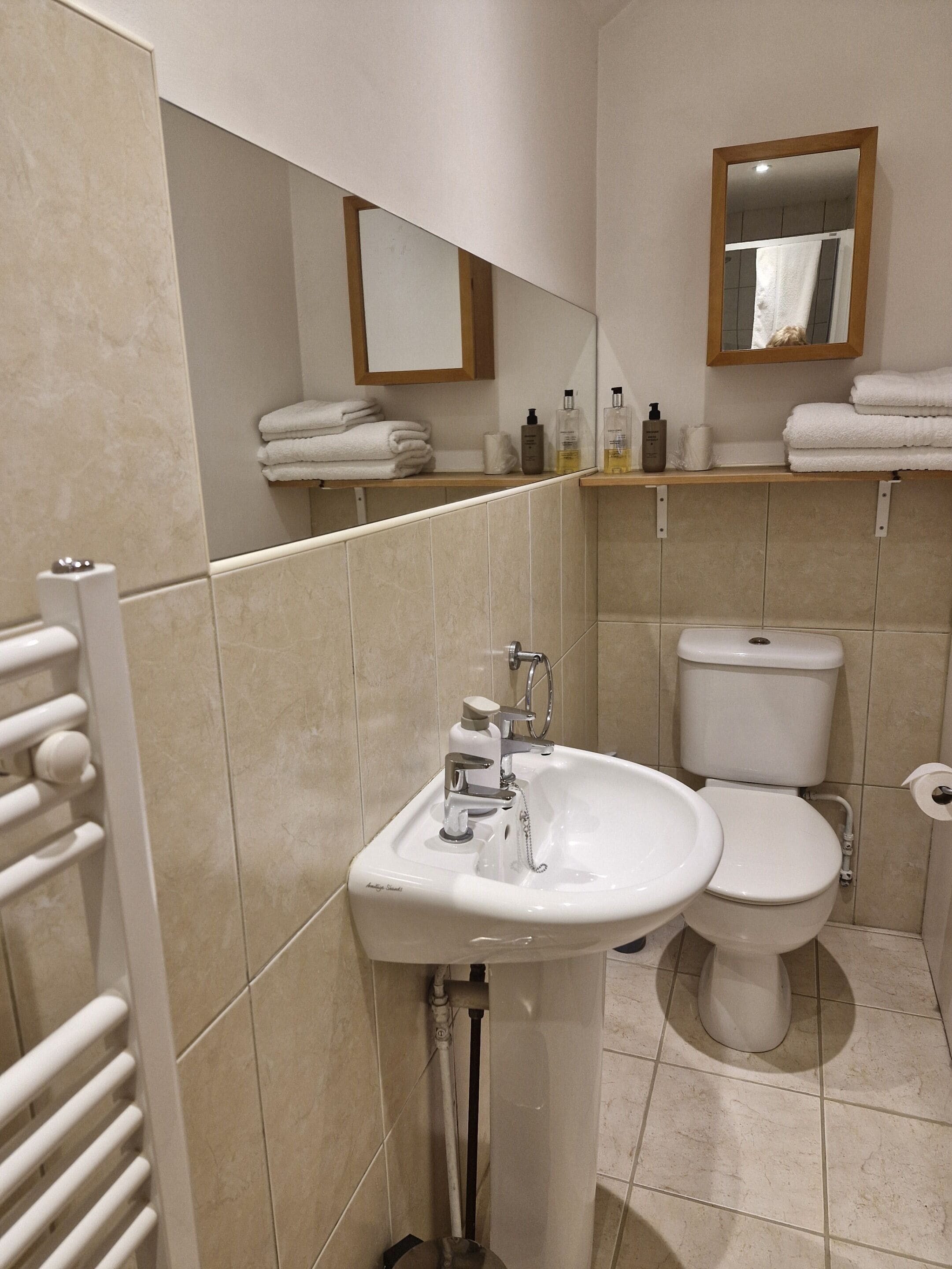 A bathroom with a sink, toilet, and a towel rack.