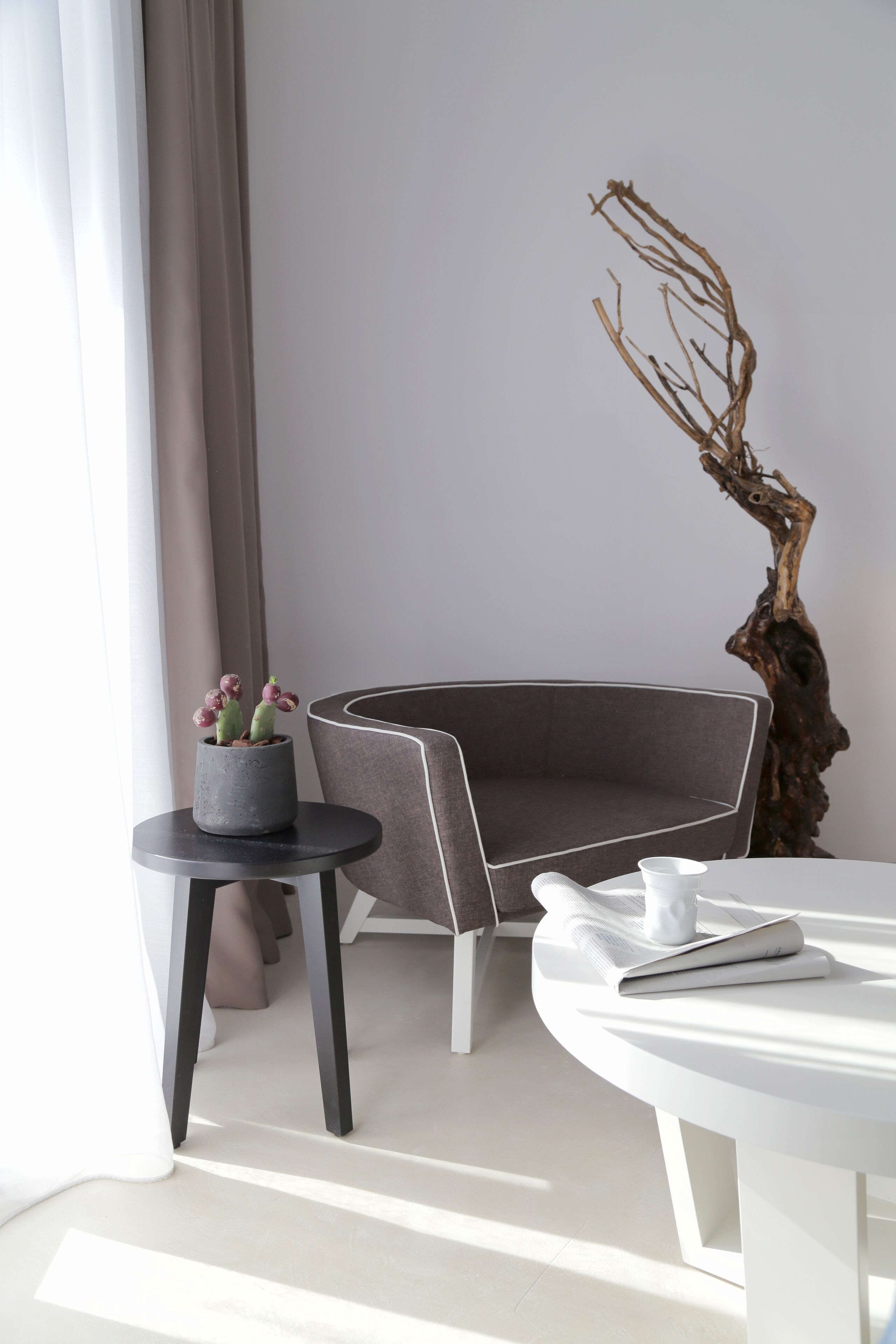 A modern room with a grey sofa, a small round table with a potted plant, and a white table with a cup and a book.