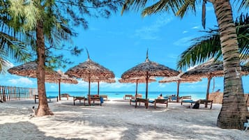 Private beach, sun loungers, beach umbrellas, beach bar