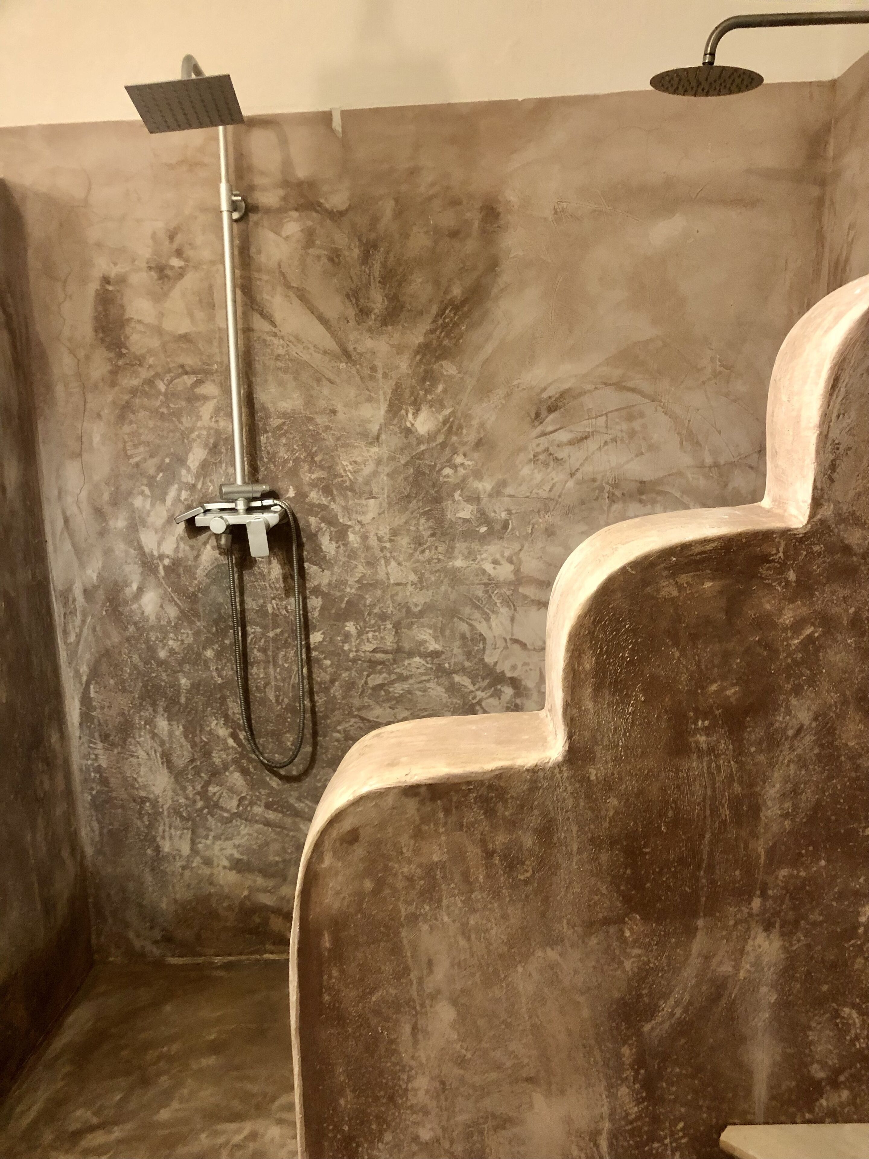 Une douche équipée d’un pommeau de douche à main et d’un pommeau de douche fixe fixé au mur.