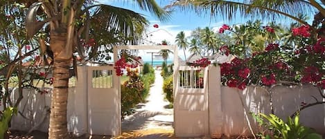 A pathway leading to a gated entrance with a white gate, surrounded by lush greenery and flowering plants.