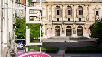 A hotel sign with the name 'HOTEL des Celestins' and a view of a classical building in the background.