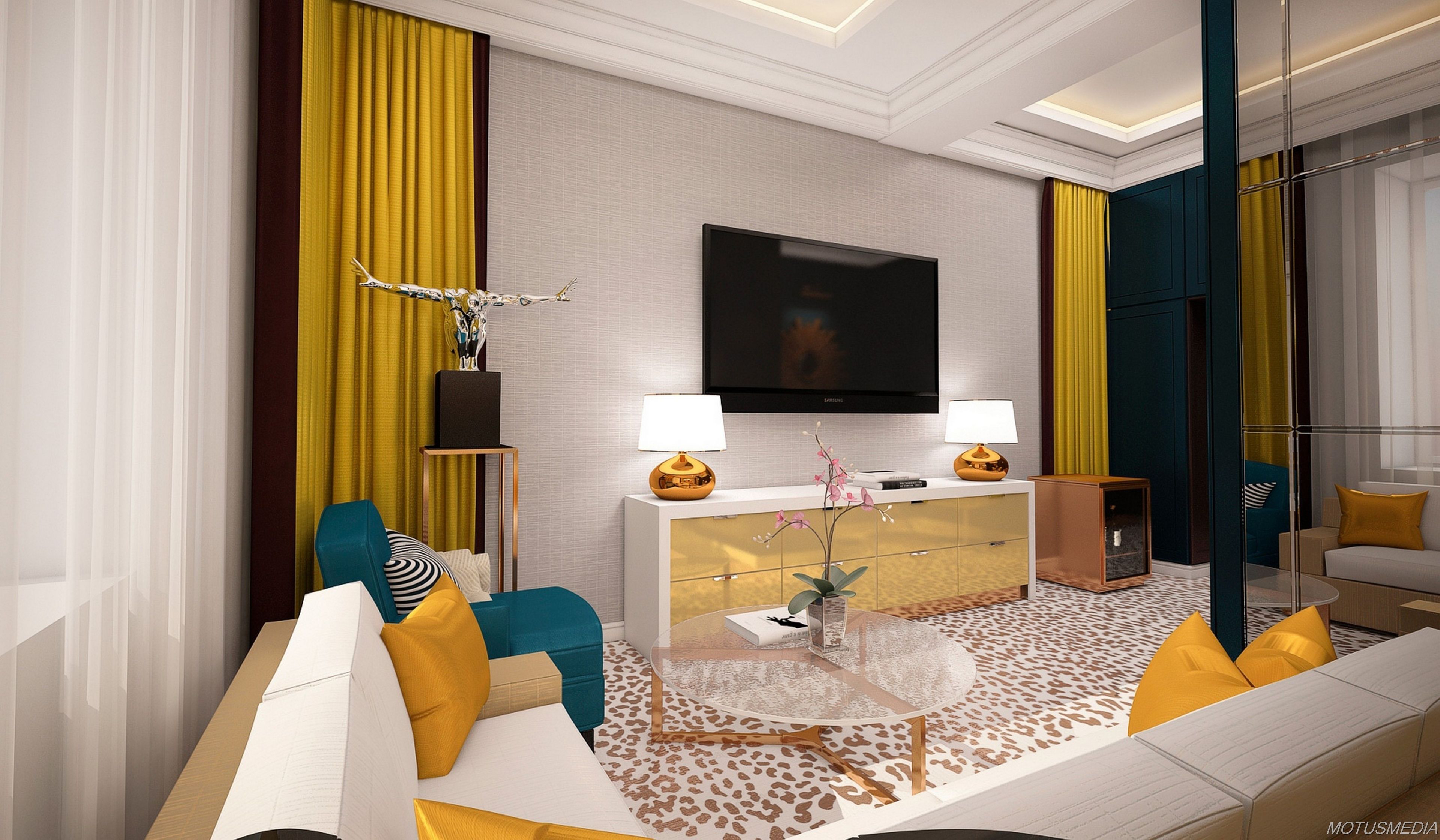 A modern living room with a sofa, a coffee table, a TV, and a lamp.