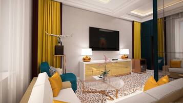 A modern living room with a sofa, a coffee table, a TV, and a lamp.