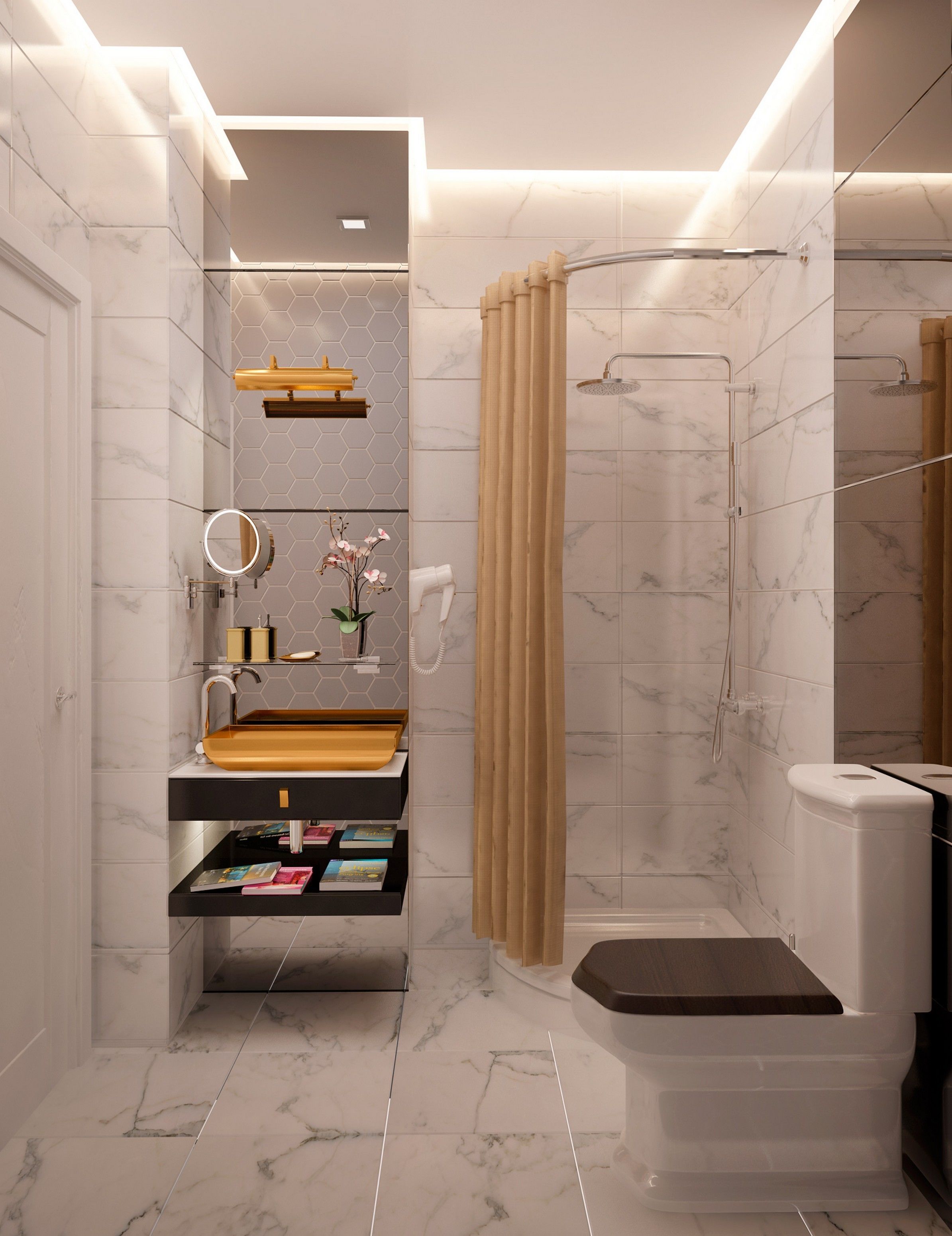 Une salle de bain moderne avec un sol en marbre, un meuble-lavabo en bois, une douche avec une porte en verre et des toilettes.