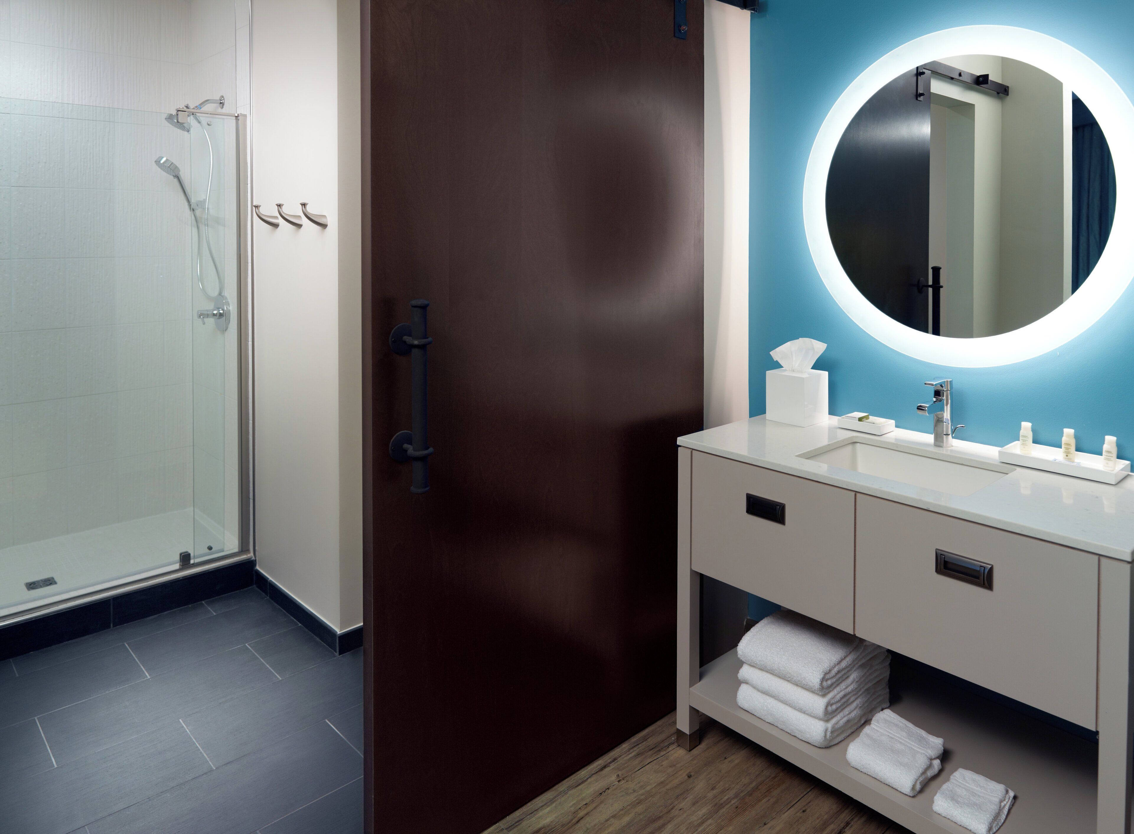 A modern bathroom with a glass shower enclosure, a wooden door, a vanity with a mirror, and a towel rack.