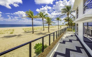 A beach view with palm trees and a clear sky.