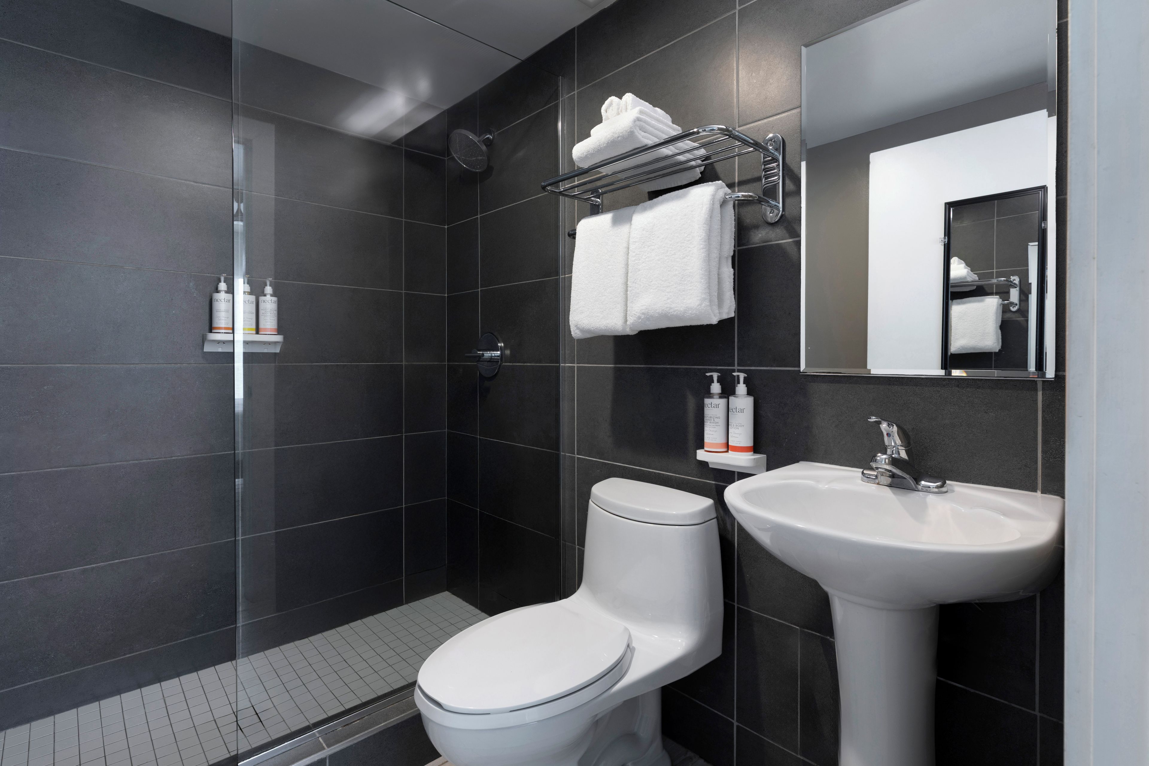 Une salle de bain moderne équipée d’une douche, de toilettes et d’un lavabo.