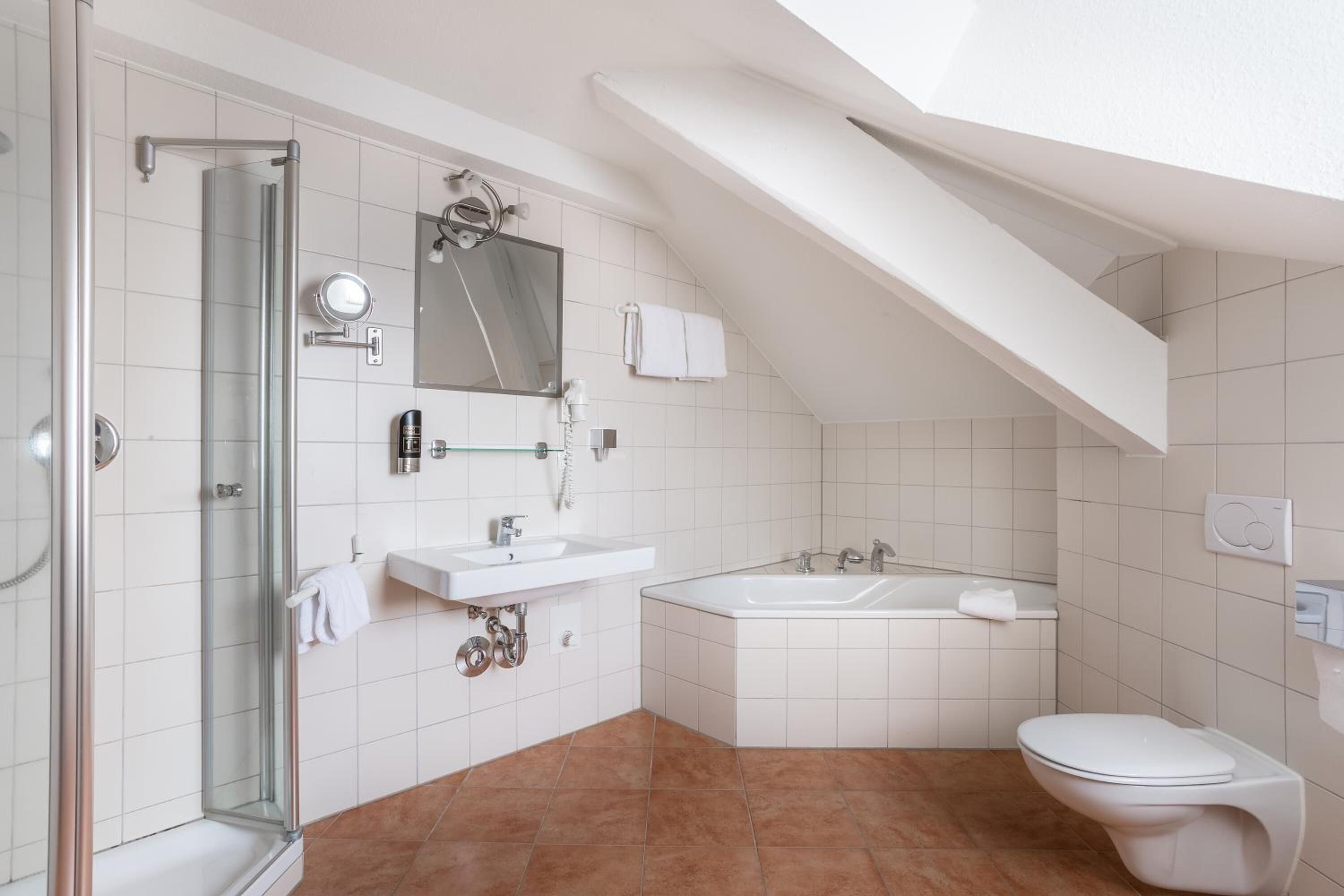 shower, free toiletries, hair dryer, towels