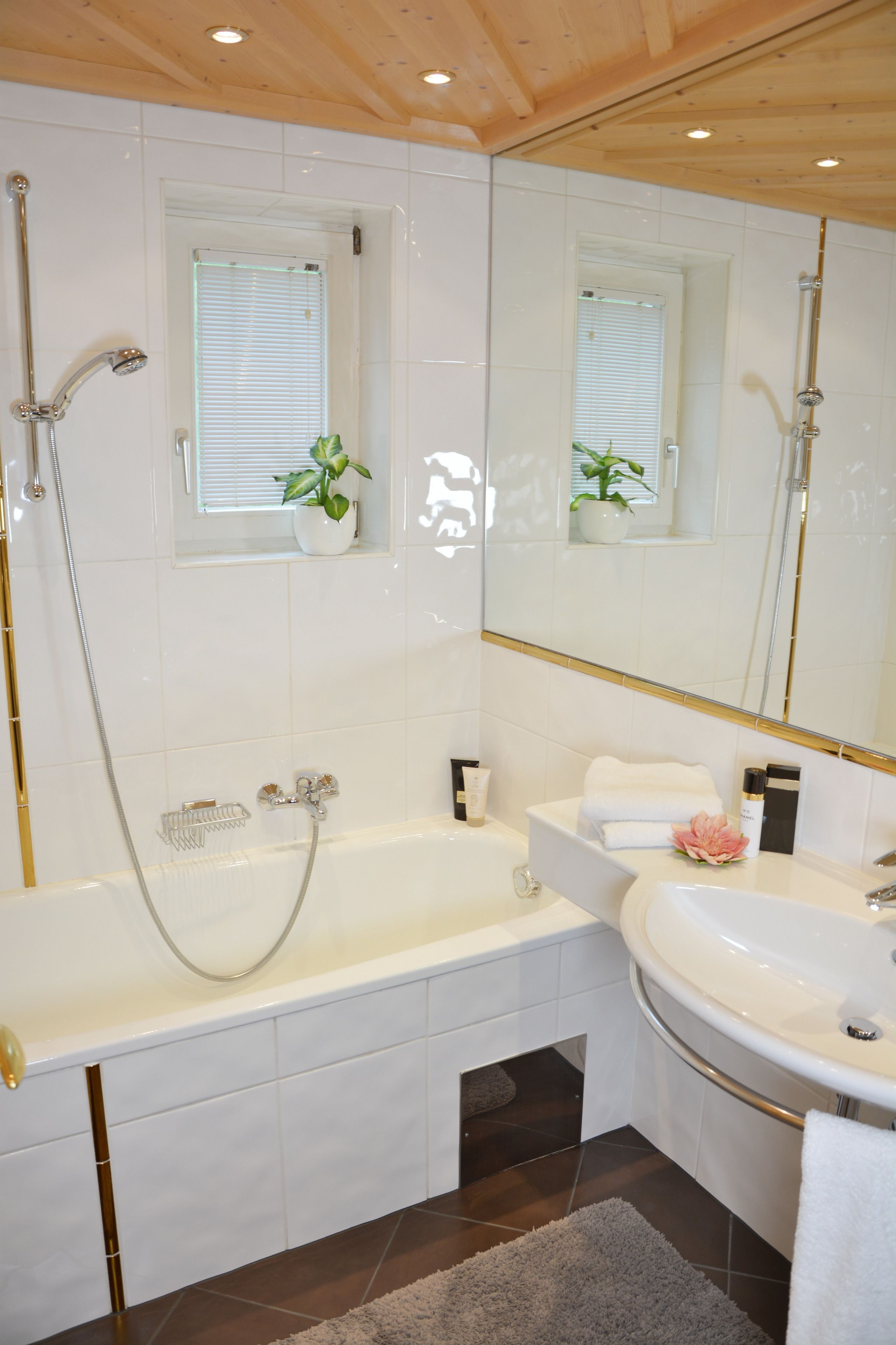 Een moderne badkamer met een bad, wastafel en douche. Er staan potplanten op de vensterbank en een handdoek op de wastafel.