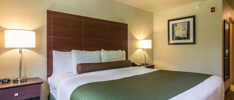 A hotel room with a large bed, two bedside lamps, a nightstand, a framed picture on the wall, and a door.