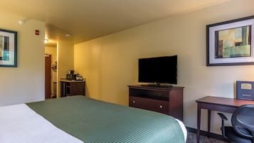 A hotel room with a bed, a desk, a chair, a television, and a framed picture on the wall.