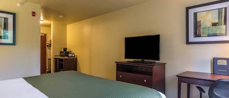 Una habitación de hotel con una cama, un escritorio, una silla, un televisor y un cuadro en la pared.