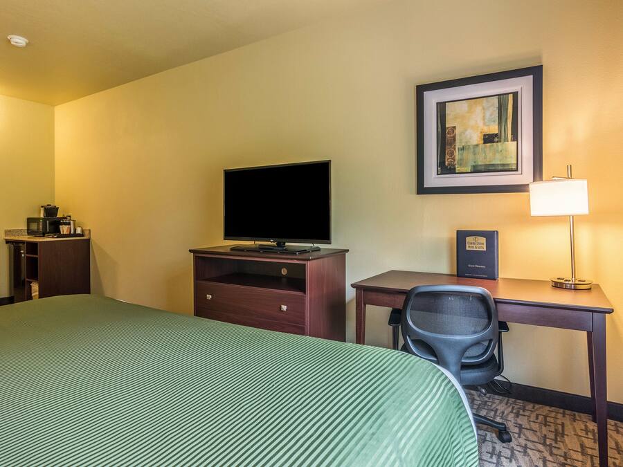 A hotel room with a bed, a desk, a chair, a television, a lamp, and a framed picture on the wall.