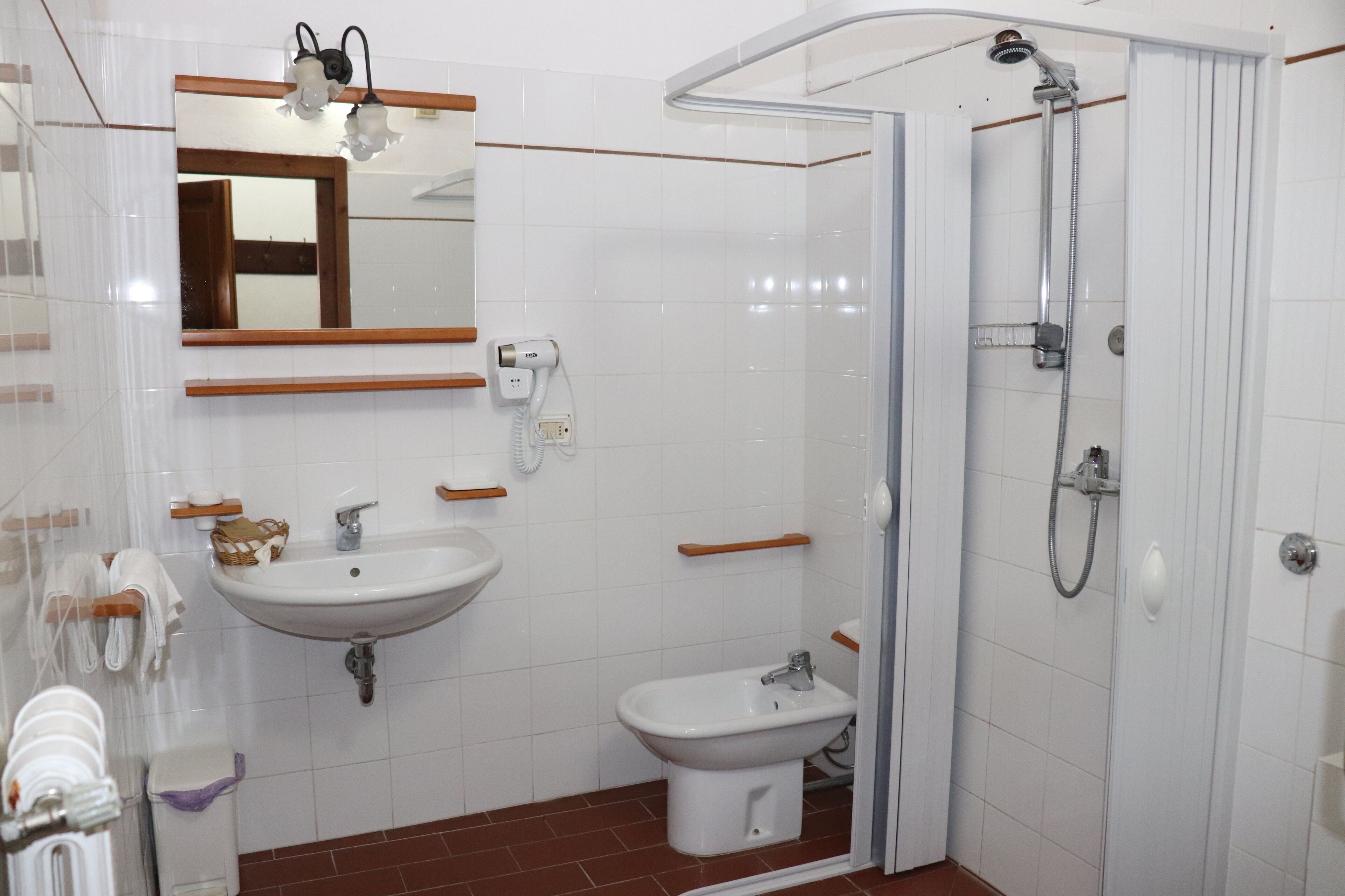 A bathroom with a sink, bidet, and shower.