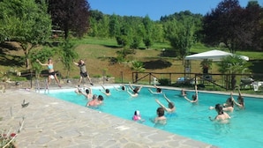 A swimming pool with people in the water, surrounded by a stone patio and trees.